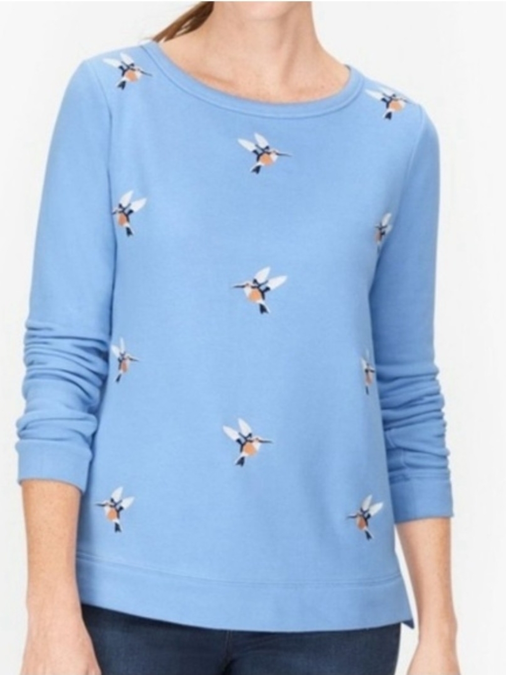 Talbots French Terry Blue Tweeting Birds Embroidered Hummingbird Sweatshirt 1X